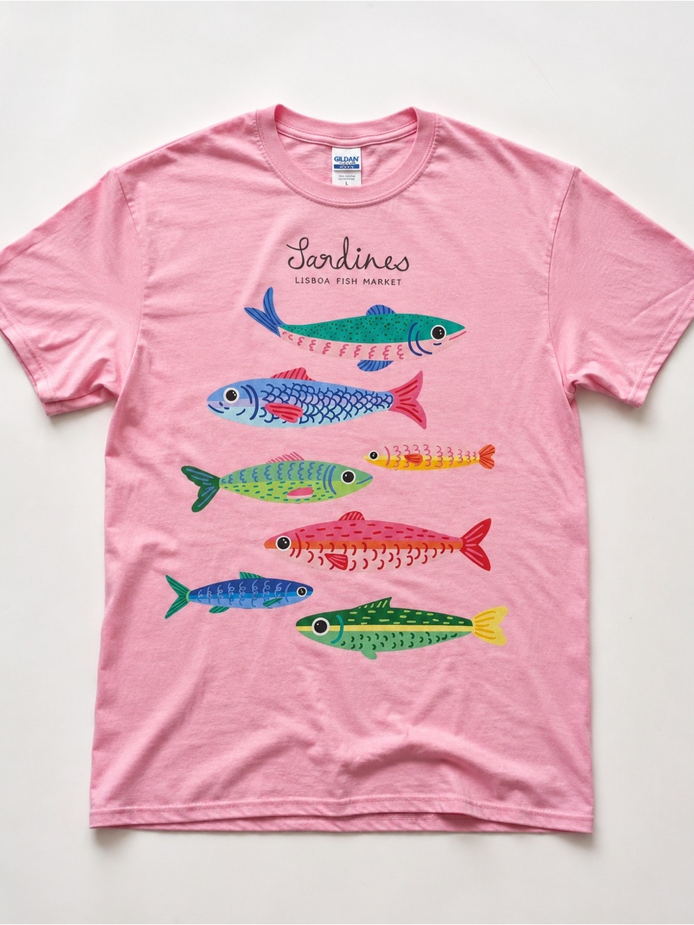 Gildan Pink Tee with Colorful Sardine Print